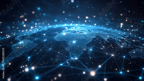 Abstract global network concept with a blue glowing world map, data transfer and cyber technology background digital connections across the globe in abstract form,Ai