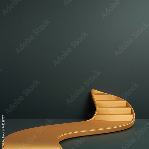 Modern abstract golden staircase against a dark green wall in minimalist architectural design, symbolizing elegance and sophistication.