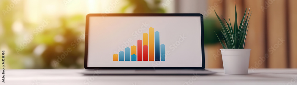 Fototapeta premium Modern laptop displaying colorful bar chart on a desk with a plant. Perfect for business, analytics, or finance themes.