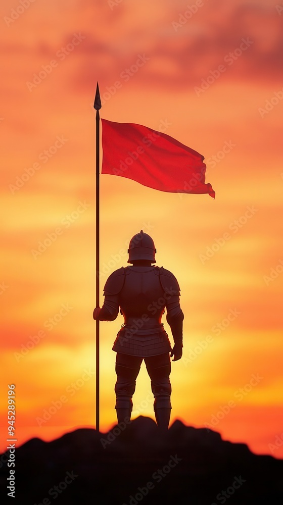 Silhouette of a knight in armor holding a red flag, standing on a hilltop at sunset, depicting bravery and determination. Silhouette of a knight in armor holding a red flag, standing on a hilltop at sunset, depicting bravery and determination.