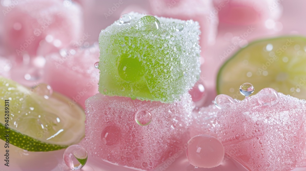 A close-up of pink and green gummy bear ice cubes, with a lime slice and water droplets creating an artistic pattern. A close-up of pink and green gummy bear ice cubes, with a lime slice and water droplets creating an artistic pattern.