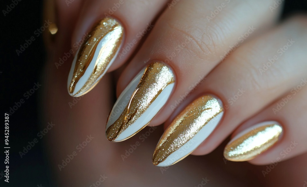 Fototapeta premium Elegant white and gold nail design featuring intricate patterns and glittering accents