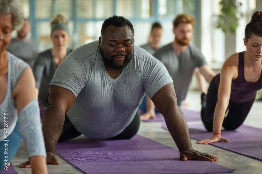 Fototapeta premium Inclusive Yoga Class for Wellbeing: Diverse Group Practicing Relaxation and Mindfulness