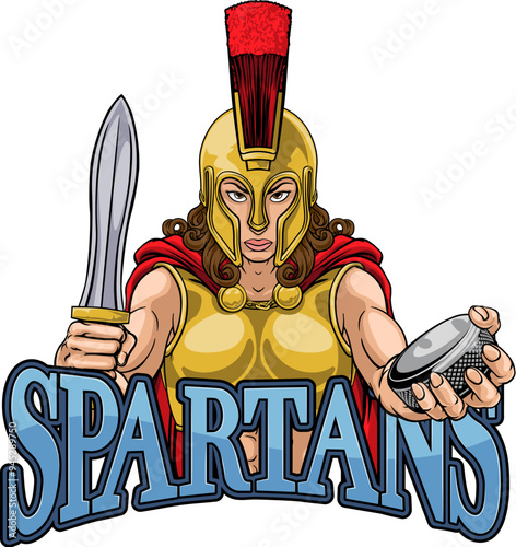 Sticker A female spartan woman ice hockey sports team cartoon mascot