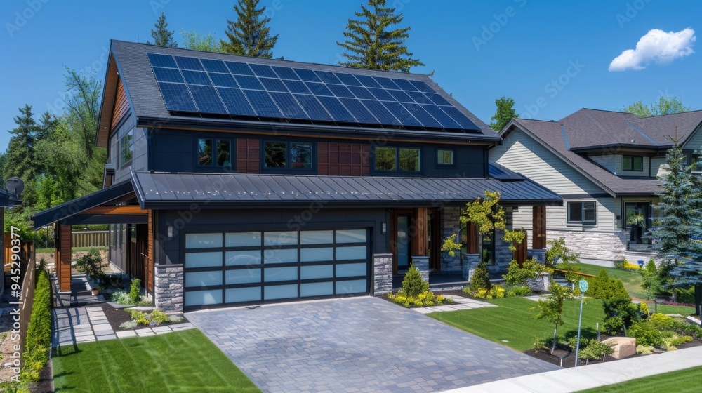 Naklejka premium Modern Sustainable Home with Solar Panels