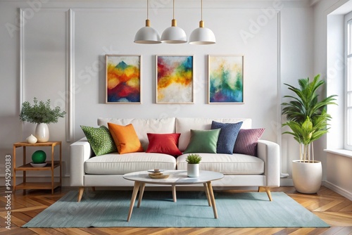 Scandinavian interior design of modern living room, home. Colorful vibrant pillows on white sofa against wall with art poster frame photo