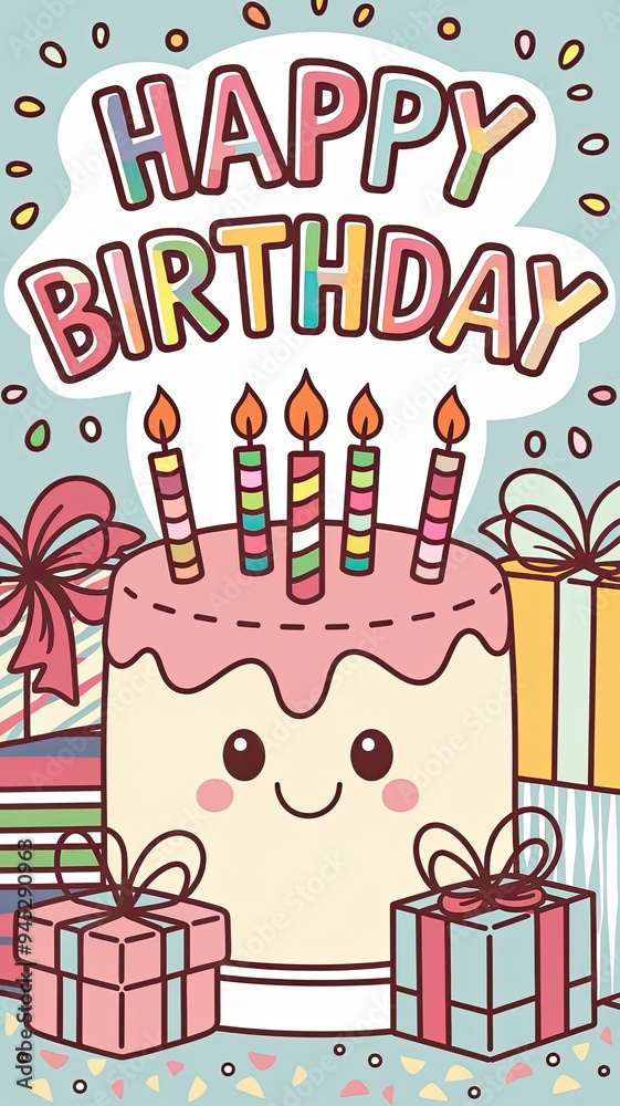 Colorful Birthday Cake with Gifts and Festive Background Colorful Birthday Cake with Gifts and Festive Background