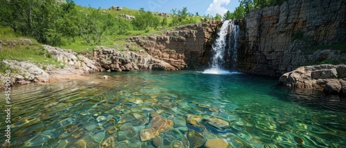 Serene Beauty of a Majestic Waterfall Flowing Down Rocky Cliff into Pristine Pool