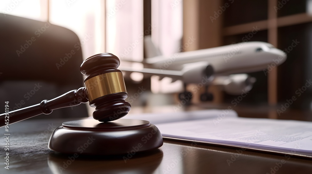 Gavel, airplane model and documents on desk, travel law concept, Air accident justice court suit system for pilots, passengers, and aircraft flight safety system Gavel, airplane model and documents on desk, travel law concept, Air accident justice court suit system for pilots, passengers, and aircraft flight safety system