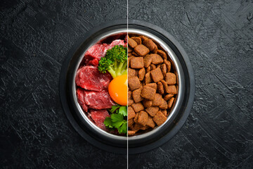 Photo collage. Bowl with food for dogs or cats. A set of dry fodder and fresh meat. Concept of healthy food for animals.