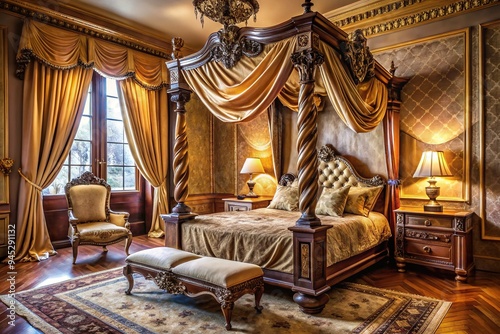 Elegant, ornate Victorian-style bedroom with a plush, velvet-covered four-poster bed, intricate carved furniture, and heavy, draped curtains amidst a soft, warm, golden light. photo