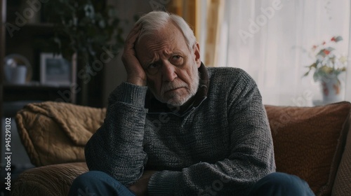 Depressed senior man sitting on armchair holding disposable cup of coffee and thinking. Frustrated retired man sitting on sofa. Sad mature man sitting alone at nursing home with sad expression.