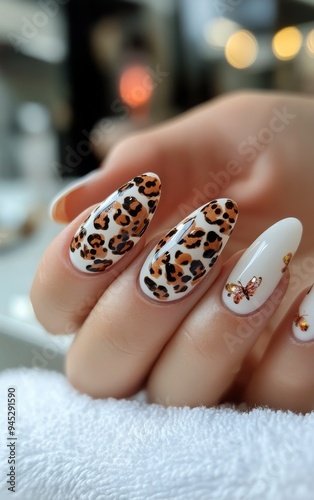 Chic leopard print nail design on elegantly manicured hands ready for a fashi...