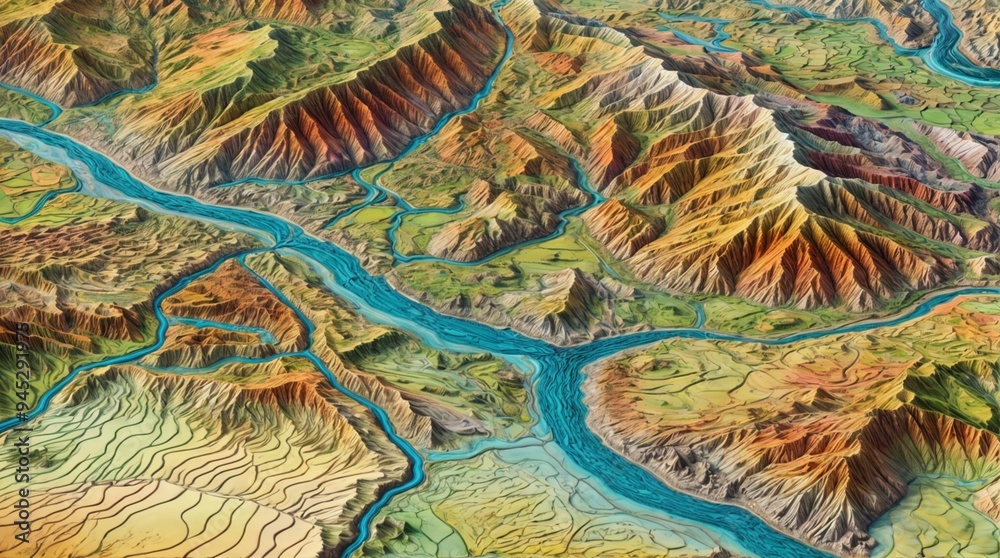 Obraz premium GIS geodata mapping concept featuring a detailed, layered terrain model with contour lines and elevation data. Ideal for geographic analysis and spatial data visualization