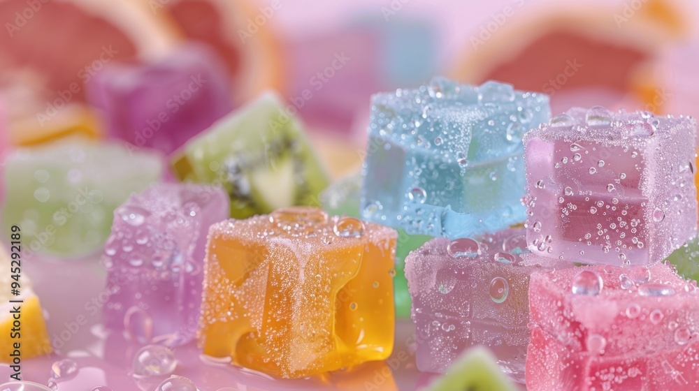Assorted gummy bear ice cubes, plain setting, tropical fruit slices, adorned with water droplets, evoking a tropical and festive atmosphere. Assorted gummy bear ice cubes, plain setting, tropical fruit slices, adorned with water droplets, evoking a tropical and festive atmosphere.