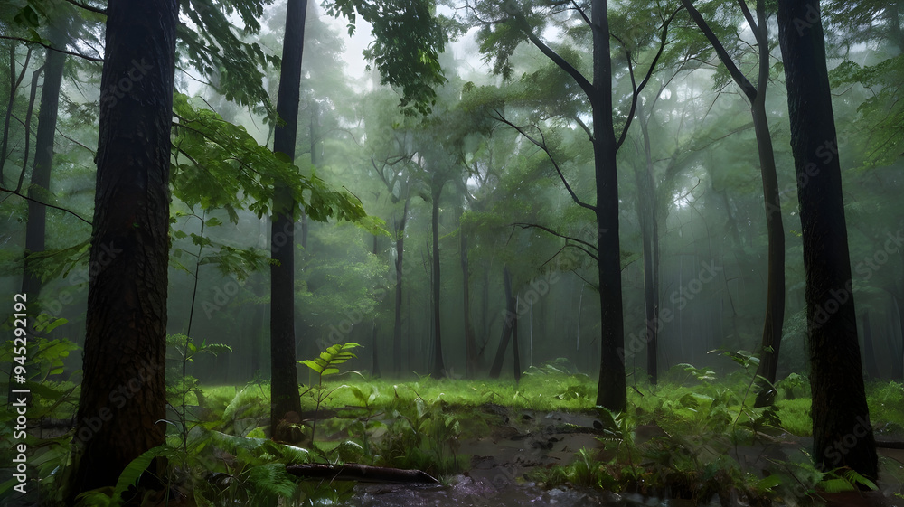 rainstorm in a forest clearing rainstorm in a forest clearing