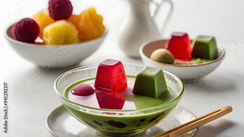 Anmitsu: A bowl of clear agar jelly cubes served with sweet red bean paste photo