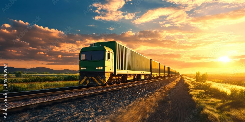A vibrant sunset captures a green freight train traveling along the railroad, symbolizing transportation and adventure. A vibrant sunset captures a green freight train traveling along the railroad, symbolizing transportation and adventure.