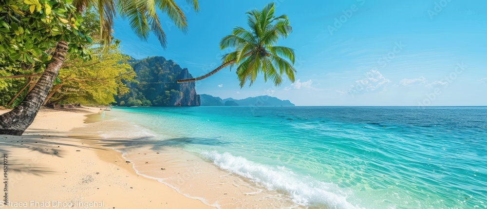 Fototapeta premium Serene Tropical Paradise with Palm Trees and Crystal Clear Turquoise Waters