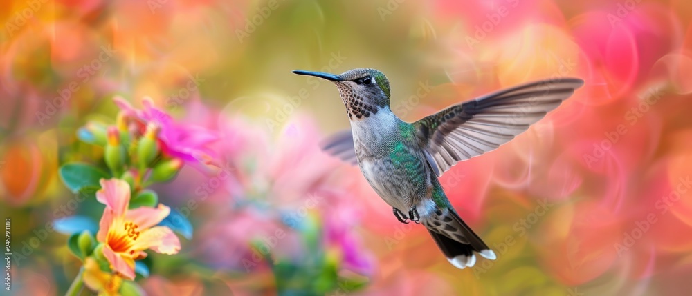 Fototapeta premium Graceful Hummingbird Hovering Near Vibrant Flower with Blurred Wings in Motion