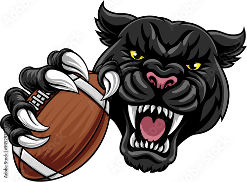 Black panther leopard or jaguar cat American football sports team mascot holding a ball
