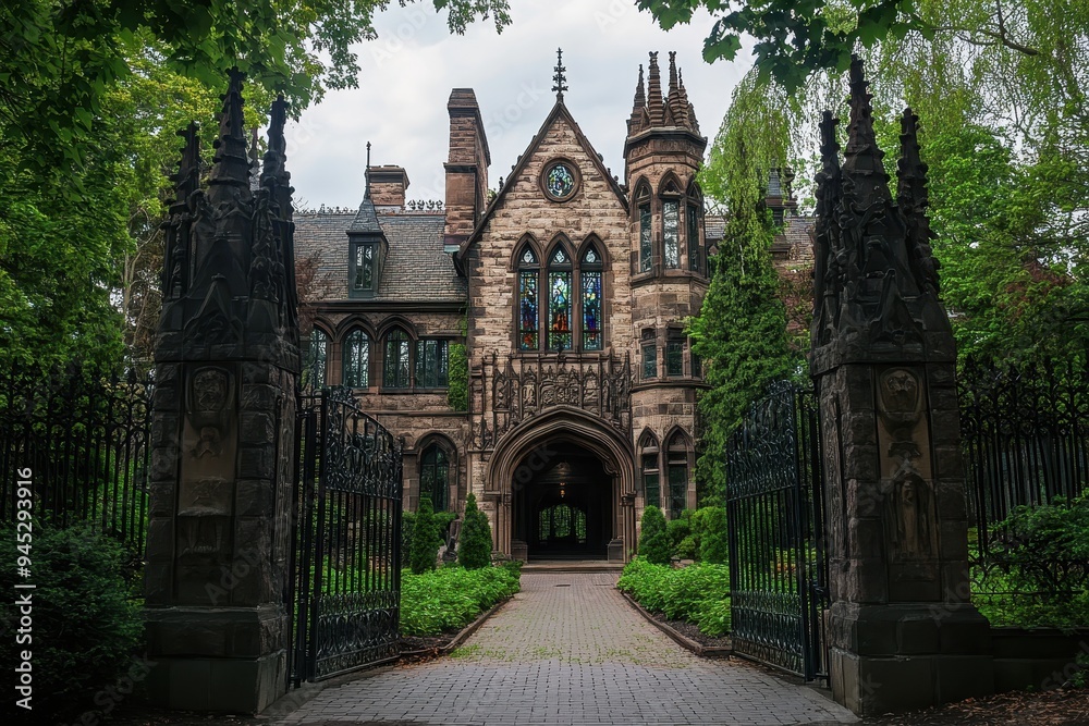 A grand, gothic-style mansion surrounded by lush greenery and ornate gates.