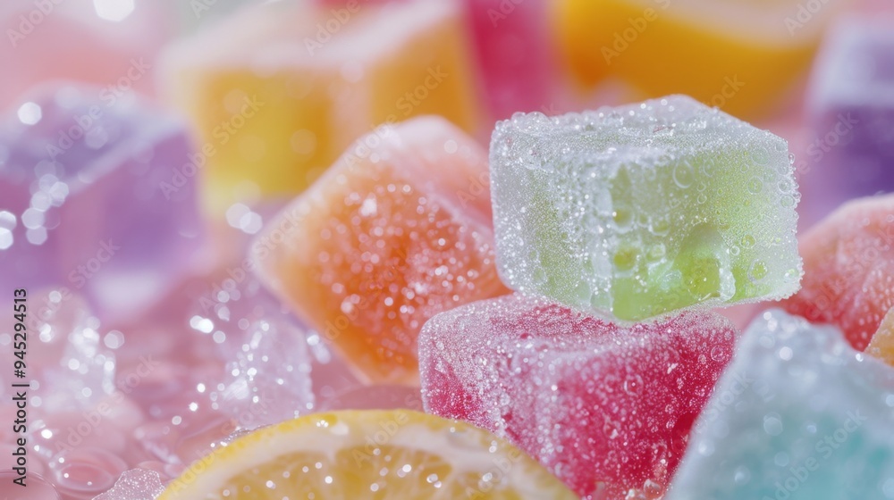 Colorful gummy bear ice cubes, soft-focus background, assorted fruit slices, shimmering with water droplets, presenting a playful and delicious combination. Colorful gummy bear ice cubes, soft-focus background, assorted fruit slices, shimmering with water droplets, presenting a playful and delicious combination.