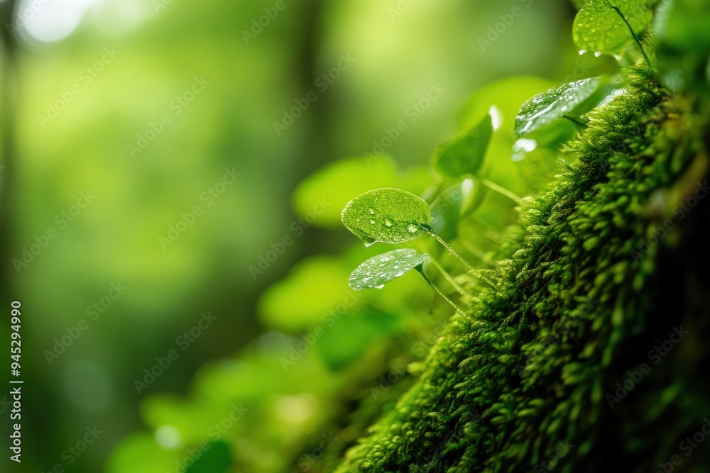 Close-up view of vibrant green leaves with droplets of water on lush moss, showcasing nature's freshness and tranquility. Close-up view of vibrant green leaves with droplets of water on lush moss, showcasing nature's freshness and tranquility.
