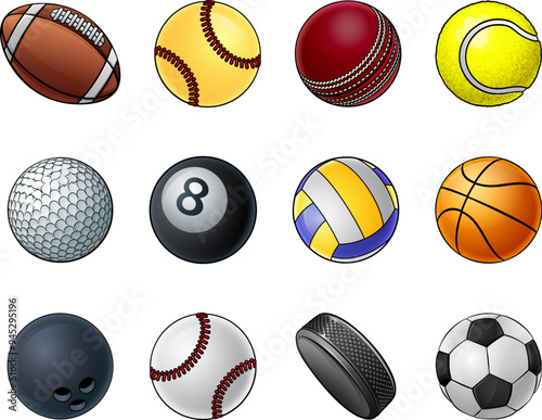 Sport ball icon set. Sport balls include soccer, baseball, tennis and volleyball. As well as golf, pool, cricket and football. Along with softball, basketball, bowling and a hockey puck.