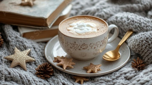 Cozy winter breakfast scene featuring hot chocolate with festive decorations ...