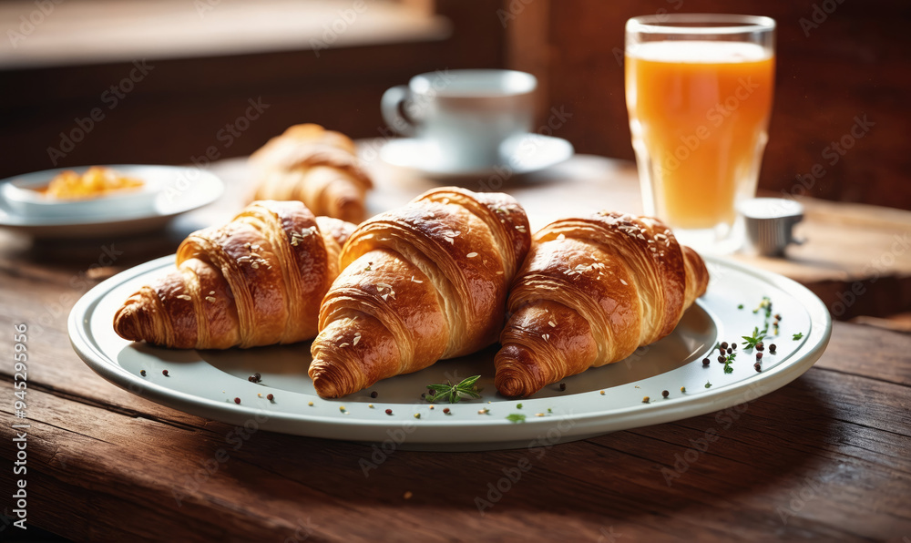 Three croissants sit on a white plate on a rustic wooden table, ready for a delicious breakfast or brunch