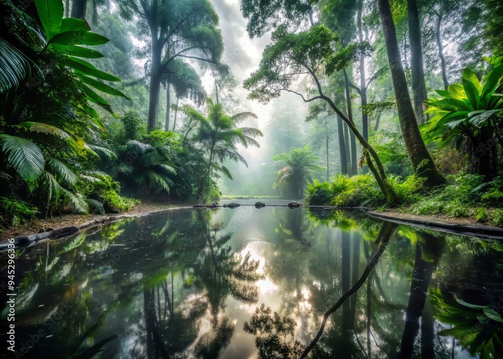 Fototapeta premium dramatic overcast sky misty rainforest floor reflective pool sharp details cinematic tone