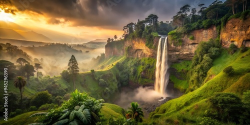 mysterious Sipi Falls foggy landscape with eerie silence dark moody colors misty fog warm golden light lush greenery peaceful solitude atmospheric slow shutter speed photo