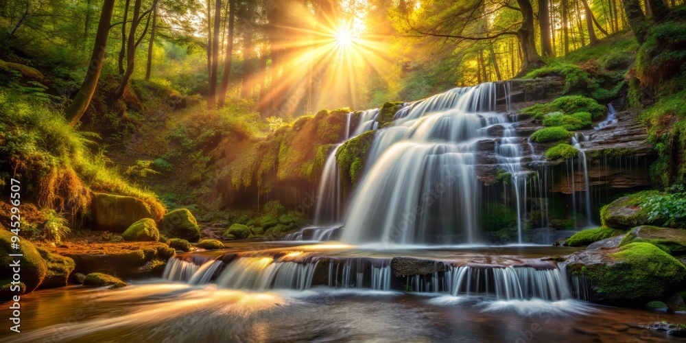 Fototapeta premium intimate warm afternoon sunbeam dappled forest floor silky smooth waterfall natural colors