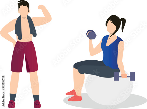 Boy and girl are exercising.