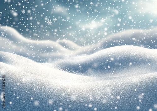 Snowfall blankets a serene landscape with swirling winds on a winter day