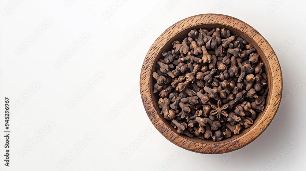 A wooden bowl of cloves isolated on a white background top view A wooden bowl of cloves isolated on a white background top view