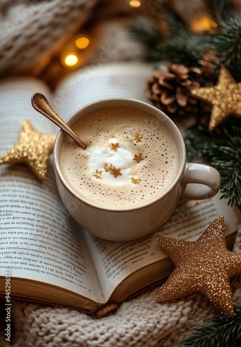 Cozy coffee cup with holiday decorations and a book on a warm knit blanket du...