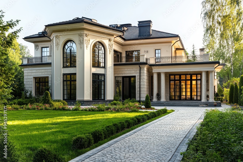 Fototapeta premium A luxurious modern house with a manicured garden and stone pathway.