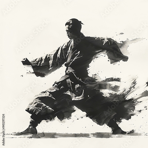 Tranquil Warrior - Person Engaged in Martial Arts in Ink Wash Painting Style on White Background