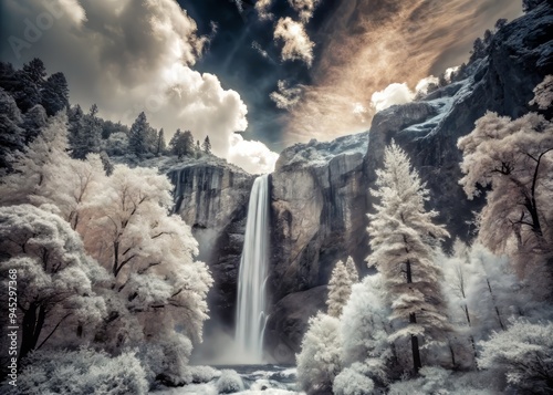 Infrared capture of Bridal Veil Falls, with darkened skies and surreal white mist, juxtaposing monochromatic landscape with vibrant, luminescent foliage. photo