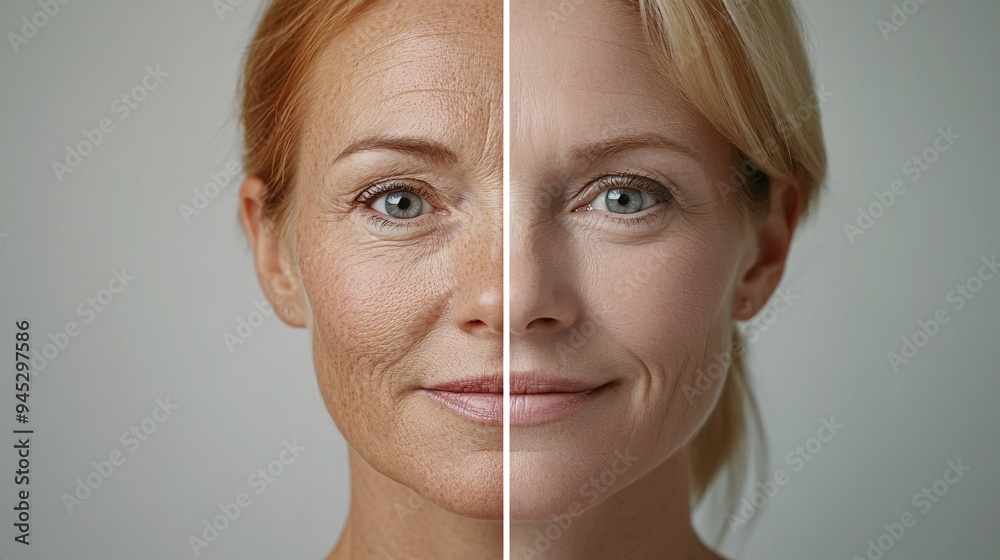 A side-by-side comparison of a woman's face showing the results of cosmetic surgery, with one half depicting wrinkles and fine lines and the other half smooth, youthful skin, set against a neutral A side-by-side comparison of a woman's face showing the results of cosmetic surgery, with one half depicting wrinkles and fine lines and the other half smooth, youthful skin, set against a neutral