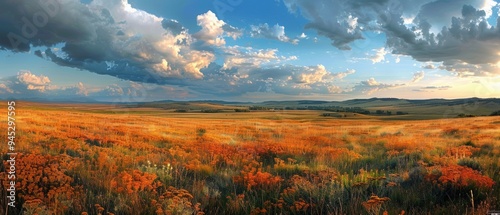 Panoramic View of Endless Prairie Landscape under Dramatic Cloudy Sky photo