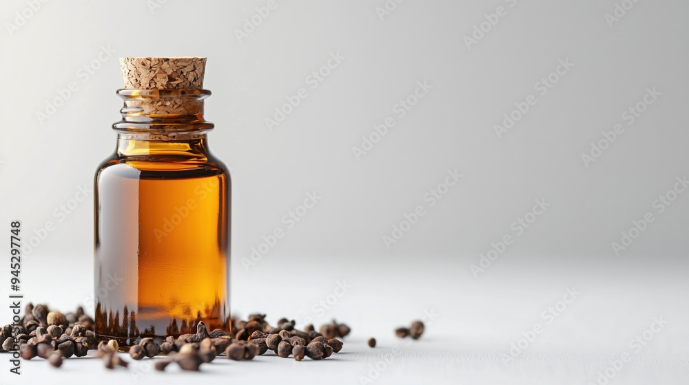 A glass bottle of cloves oil with cork on a white background A glass bottle of cloves oil with cork on a white background