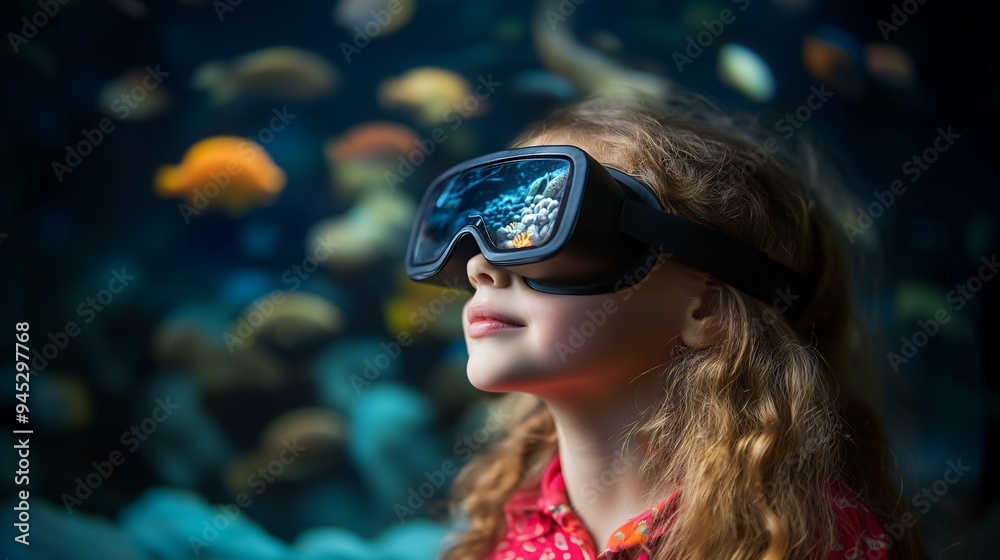 Children exploring marine life through a 3D holographic display in a science class Stock Photo with copy space
