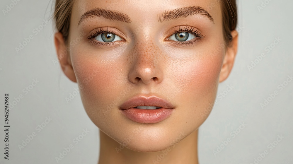 A frontal view of a woman’s face, showing the before and after effects of a non-surgical nose job, with a more refined nasal contour on the right side A frontal view of a woman’s face, showing the before and after effects of a non-surgical nose job, with a more refined nasal contour on the right side
