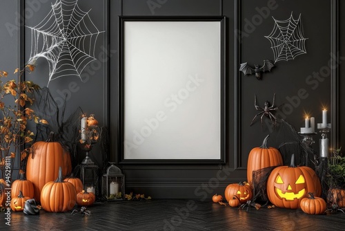 Elegant autumn decoration with pumpkins and spider webs in a stylish interior...