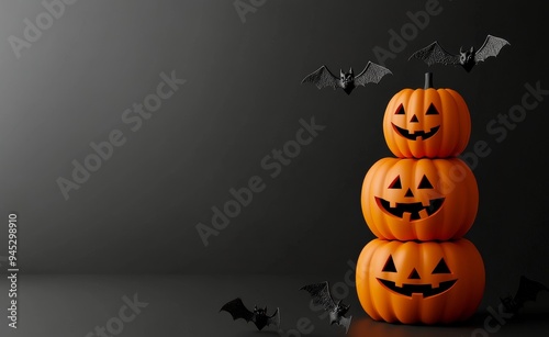 Spooky Halloween pumpkins stacked with glowing faces and flying bats in a dar...