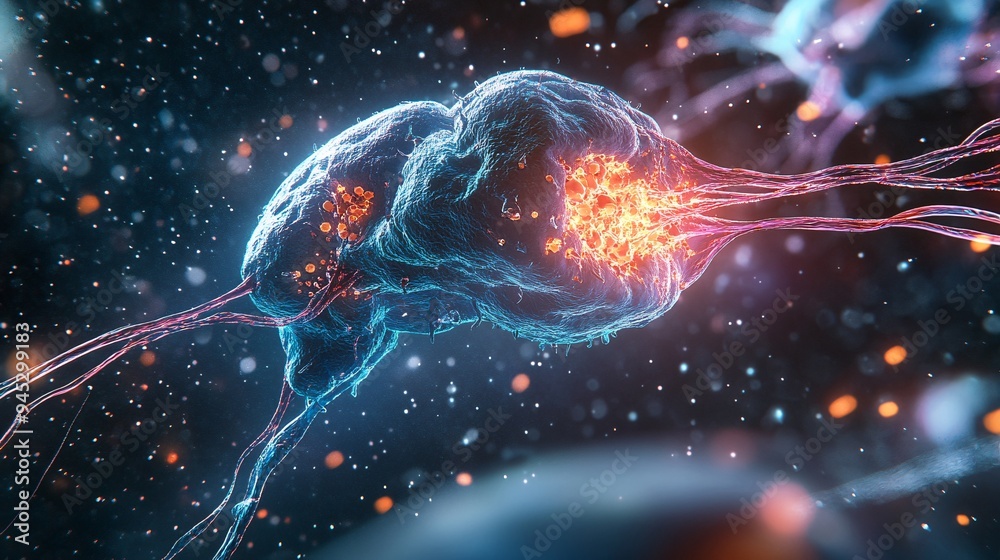 A detailed rendering of a nerve cell synapse, showing the transmission of signals between neurons, with neurotransmitters being released from vesicles into the synaptic cleft A detailed rendering of a nerve cell synapse, showing the transmission of signals between neurons, with neurotransmitters being released from vesicles into the synaptic cleft