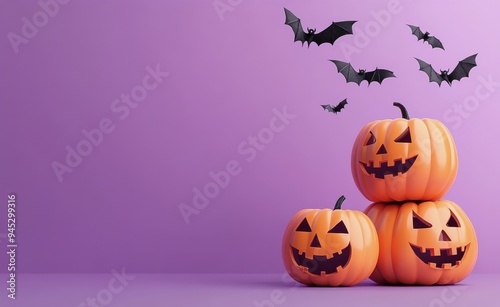 Carved pumpkins and bats on a vibrant purple backdrop for Halloween fun!